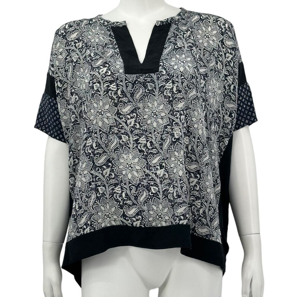 Rebecca Taylor Top Womens 2 Black Paisley Dark Floral Silk V-Neck Oversized Boho